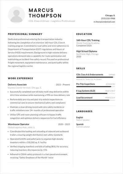 Free Student entry level Truck Driver ATS Resume Template