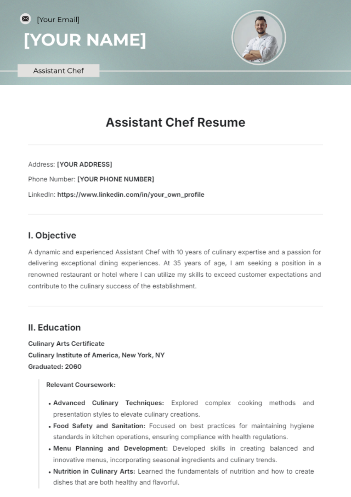 Assistant Chef Resume Template - Edit Online & Download