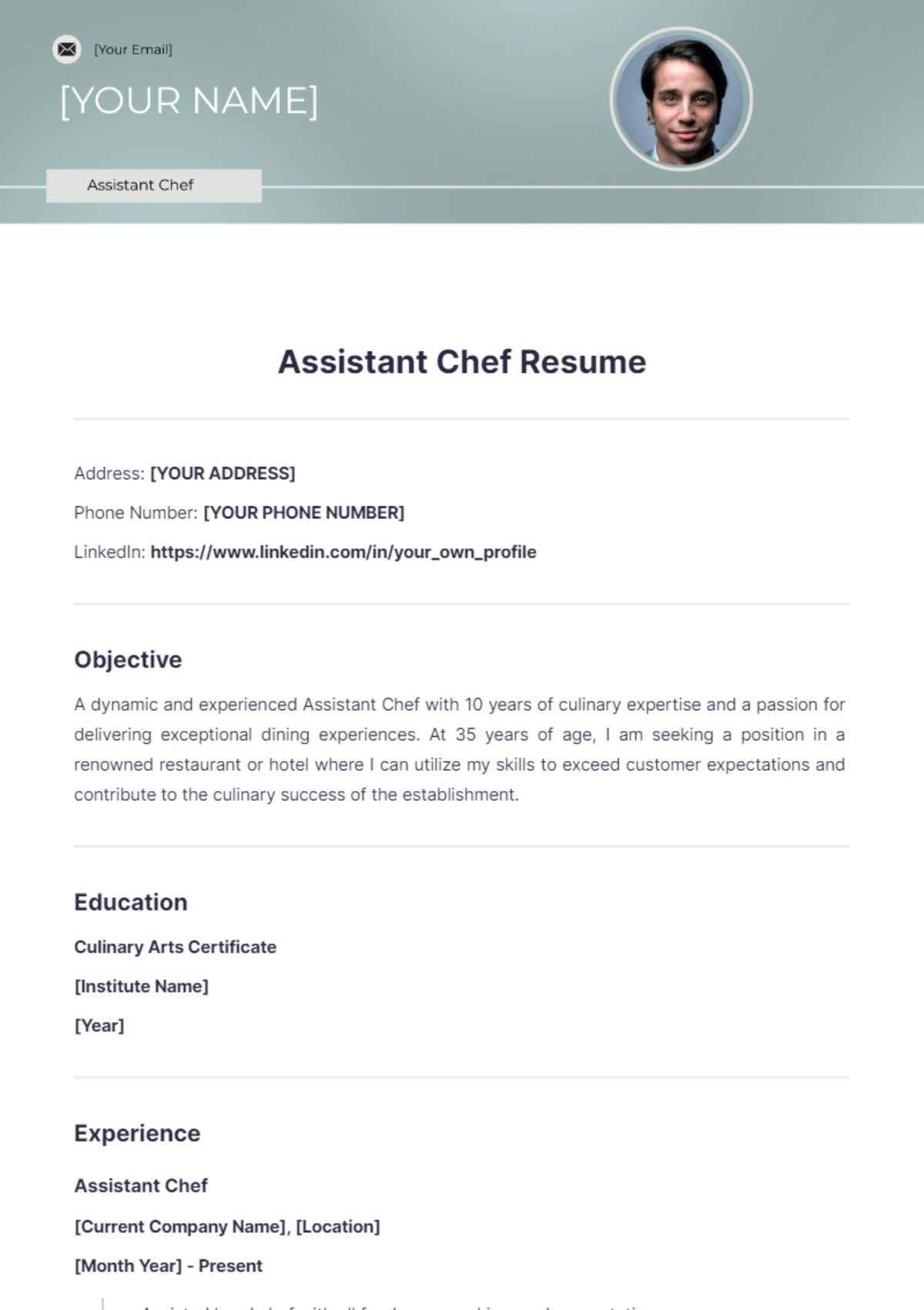 Assistant Chef Resume - Edit Online & Download