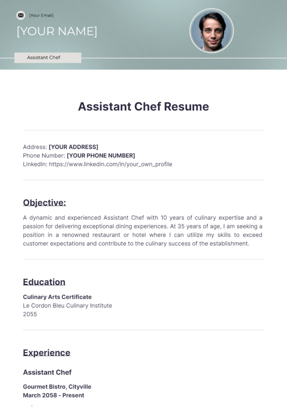 Assistant Chef Resume - Edit Online & Download Example | Template.net