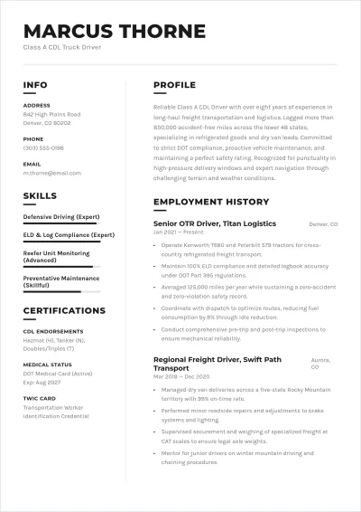 Free CDL Truck Driver ATS Resume Template, AI Resume Builder