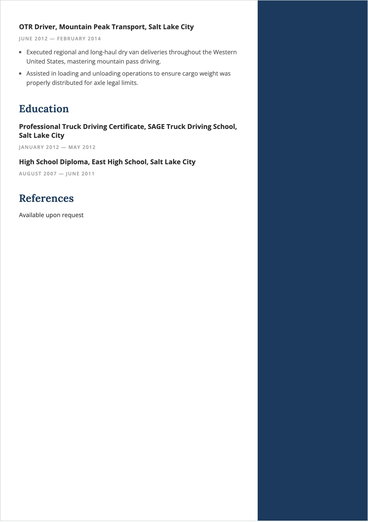Free Long Haul Truck Driver ATS Resume Template, AI Resume Builder