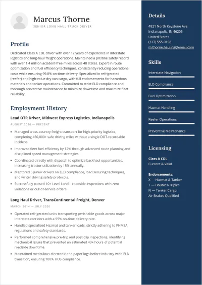 Free Long Haul Truck Driver ATS Resume Template, AI Resume Builder