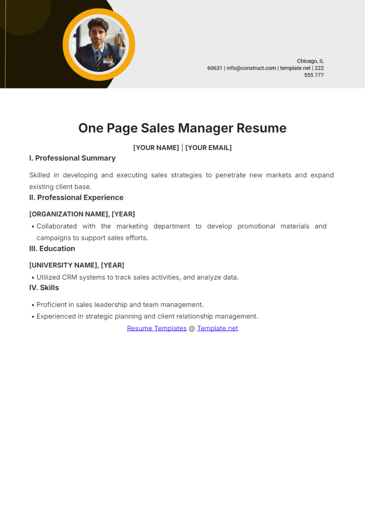 One Page Sales Manager Resume - Edit Online & Download