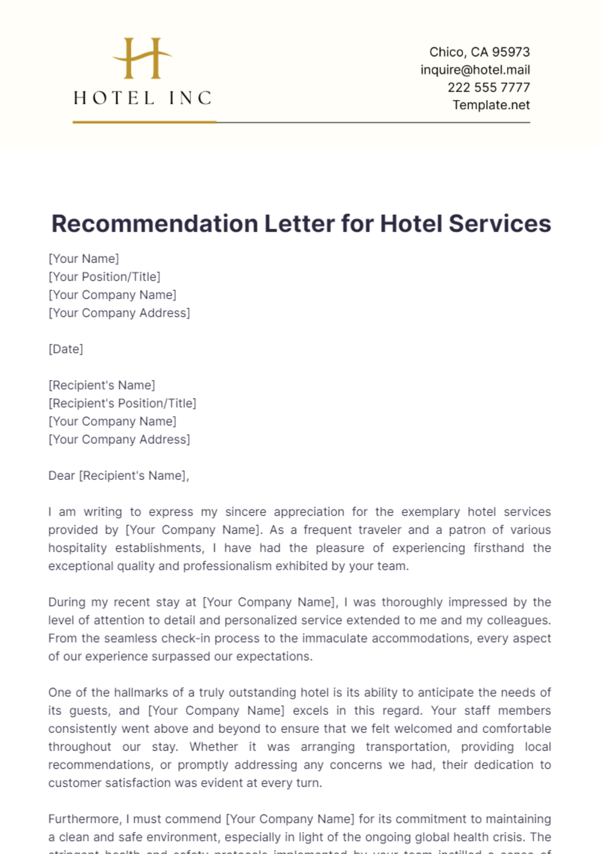 Recommendation Letter for Hotel Services Template - Edit Online & Download