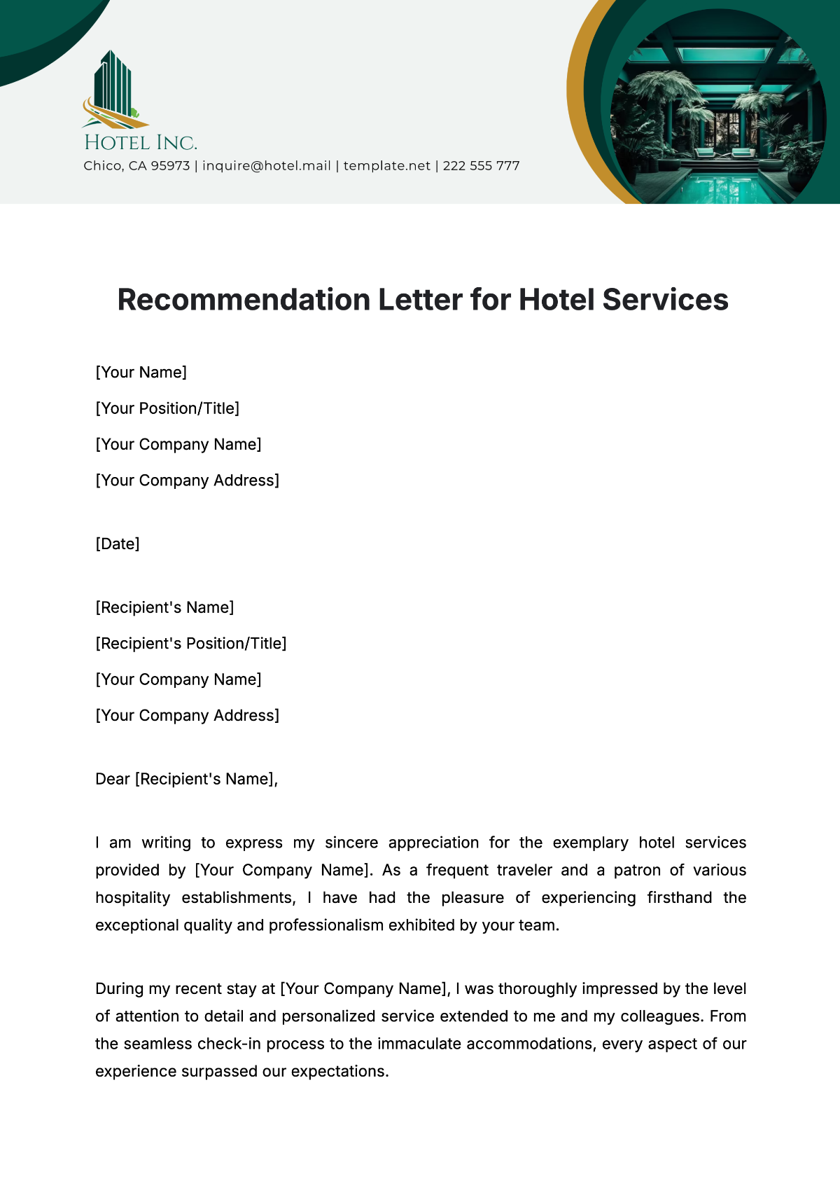 Free Recommendation Letter for Hotel Services Template