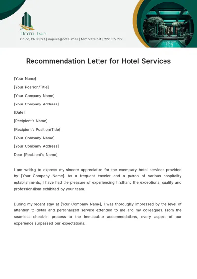 Free Recommendation Letter for Hotel Services Template to Edit Online
