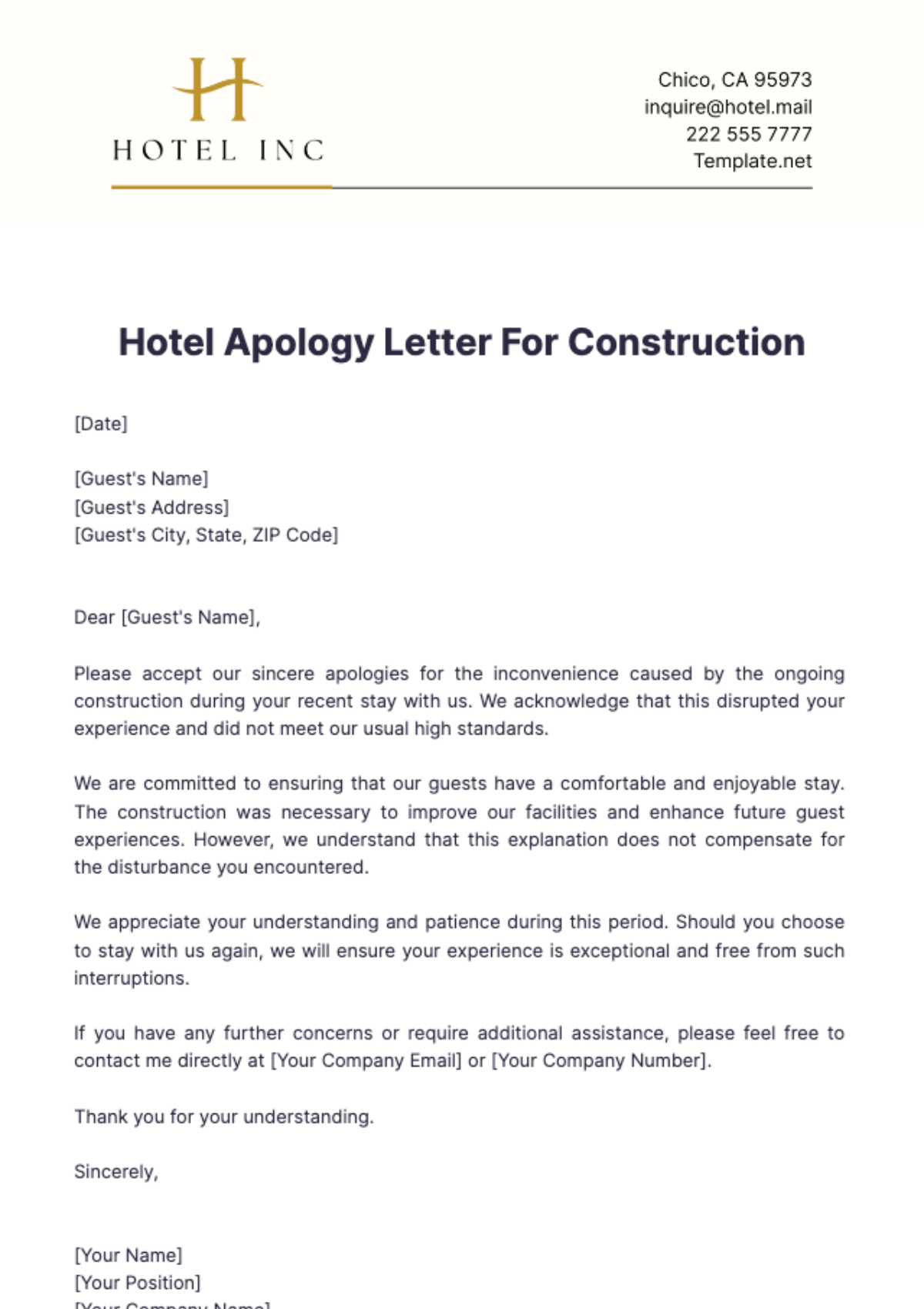 Hotel Apology Letter For Construction Template - Edit Online & Download