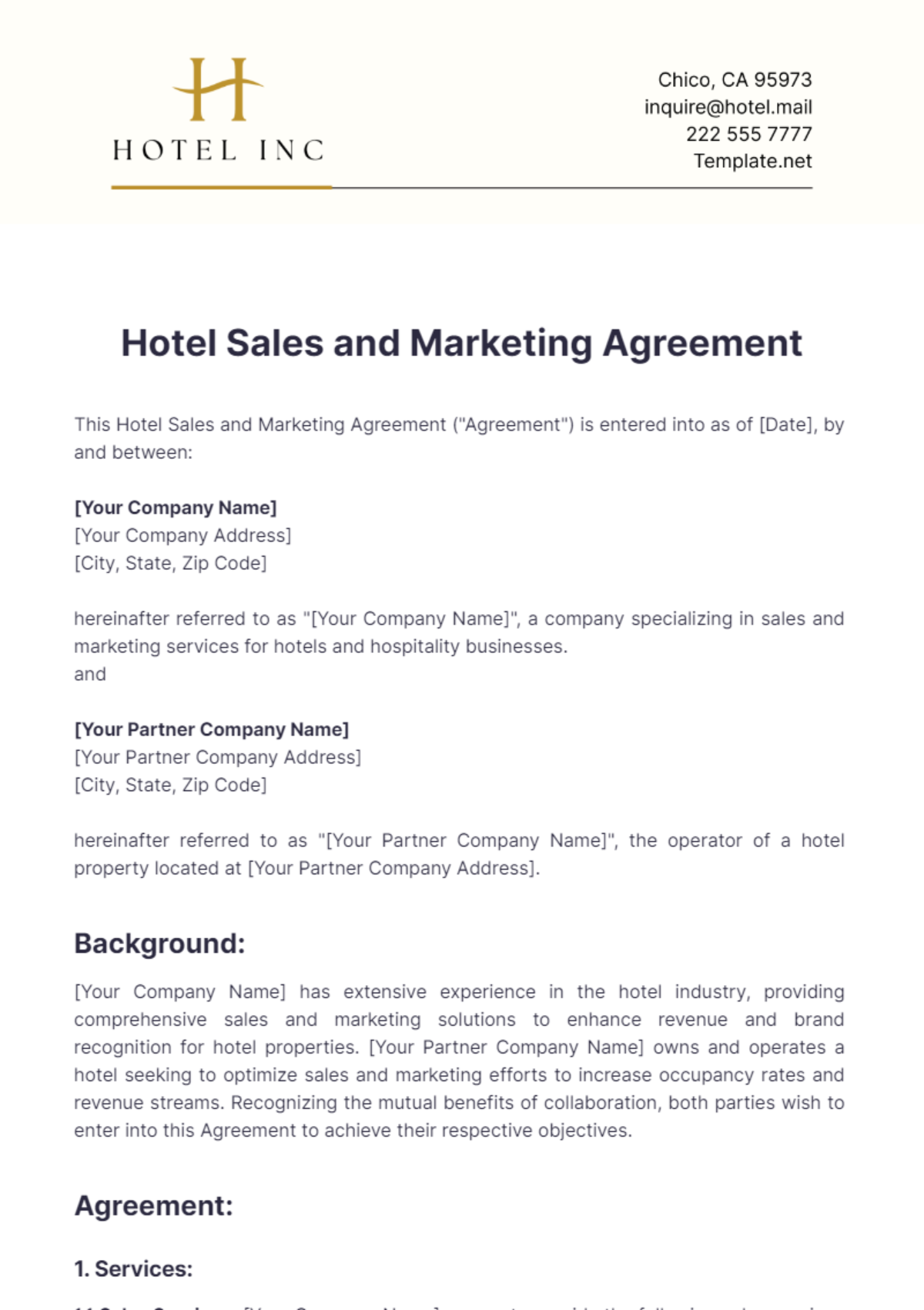 Hotel Sales and Marketing Agreement Template - Edit Online & Download