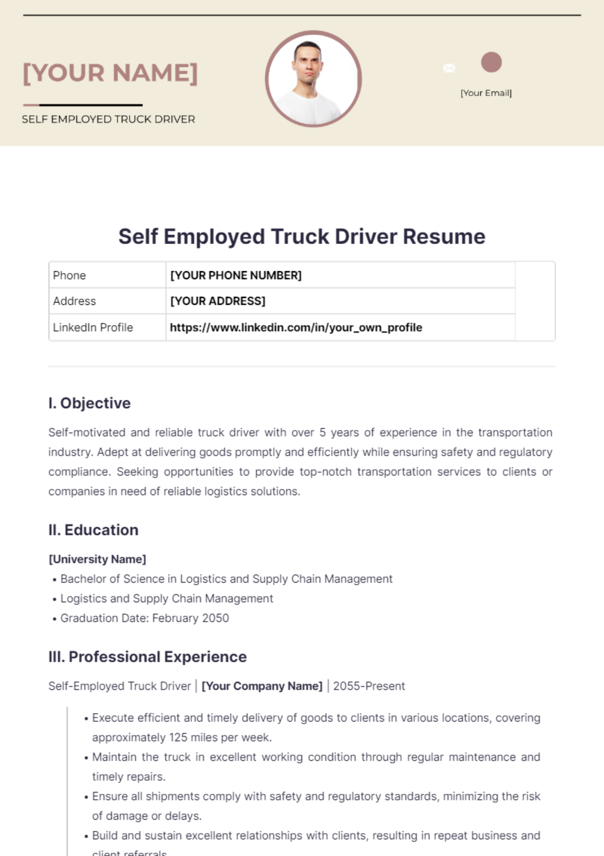 Self Employed Truck Driver Resume - Edit Online & Download