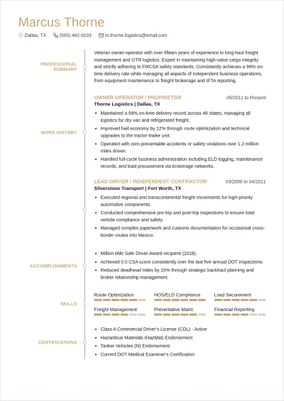 Free Self Employed Truck Driver ATS Resume Template, AI Resume Builder