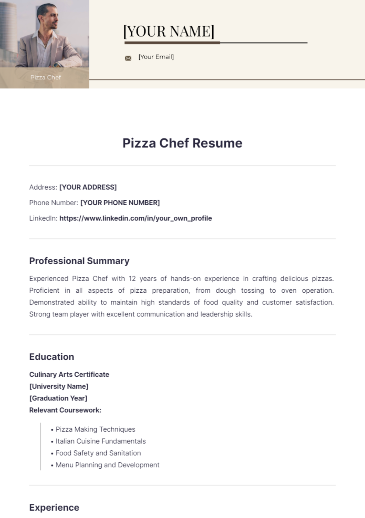 Pizza Chef Resume - Edit Online & Download