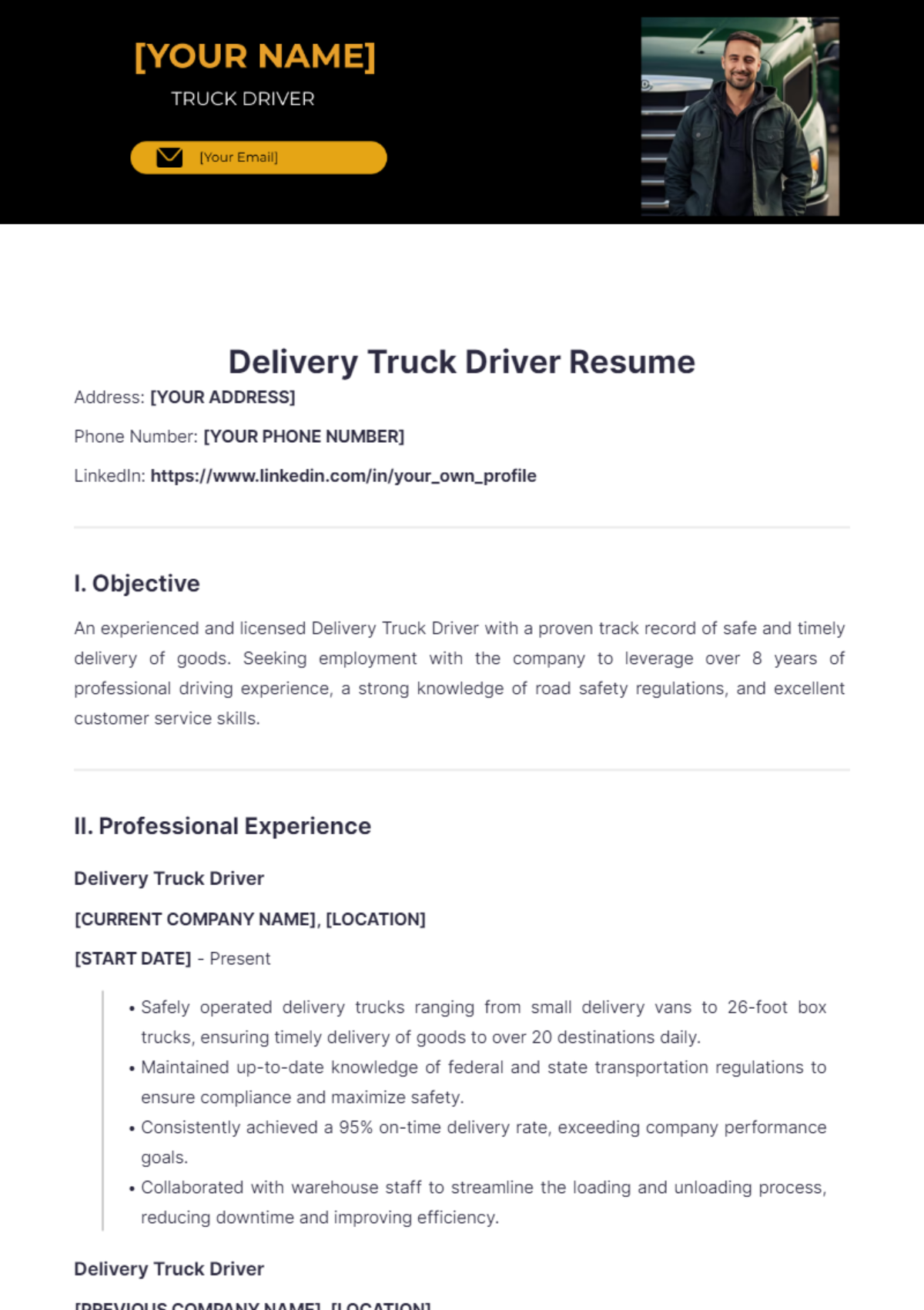 Delivery Truck Driver Resume - Edit Online & Download