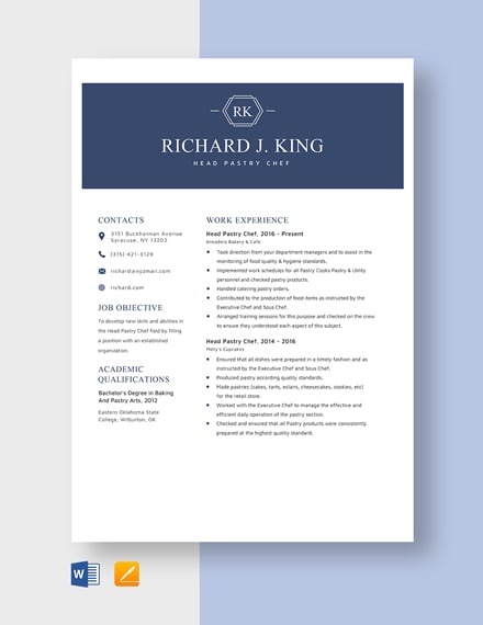 Free Chef Resume Template Download In Word Photoshop Apple Pages