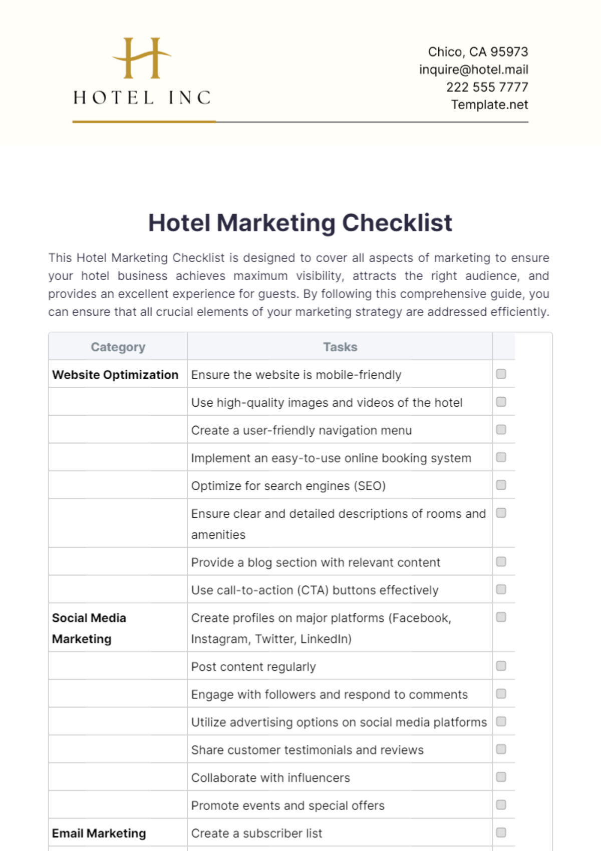 Hotel Marketing Checklist Template - Edit Online & Download