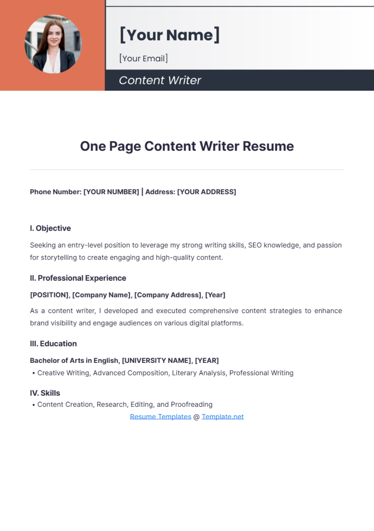 One Page Content Writer Resume - Edit Online & Download Example ...