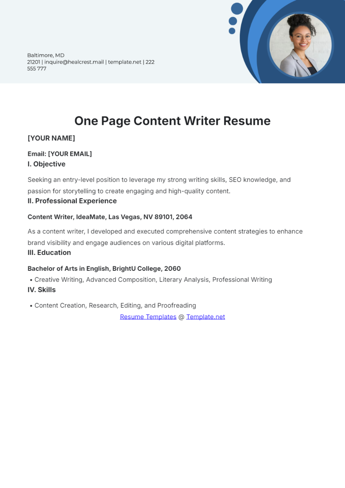 One Page Content Writer Resume - Edit Online & Download