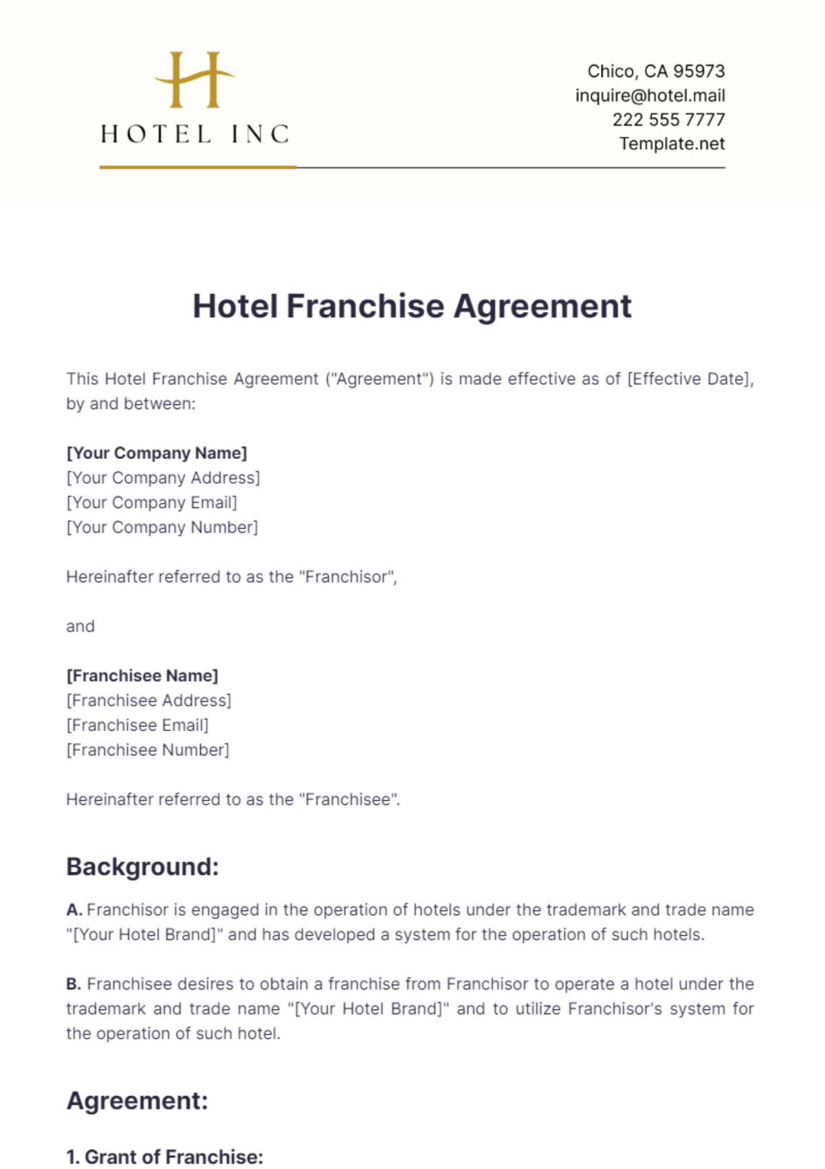 Hotel Franchise Agreement Template - Edit Online & Download