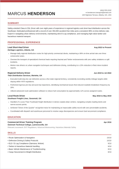 Free Local Truck Driver ATS Resume Template, AI Resume Builder