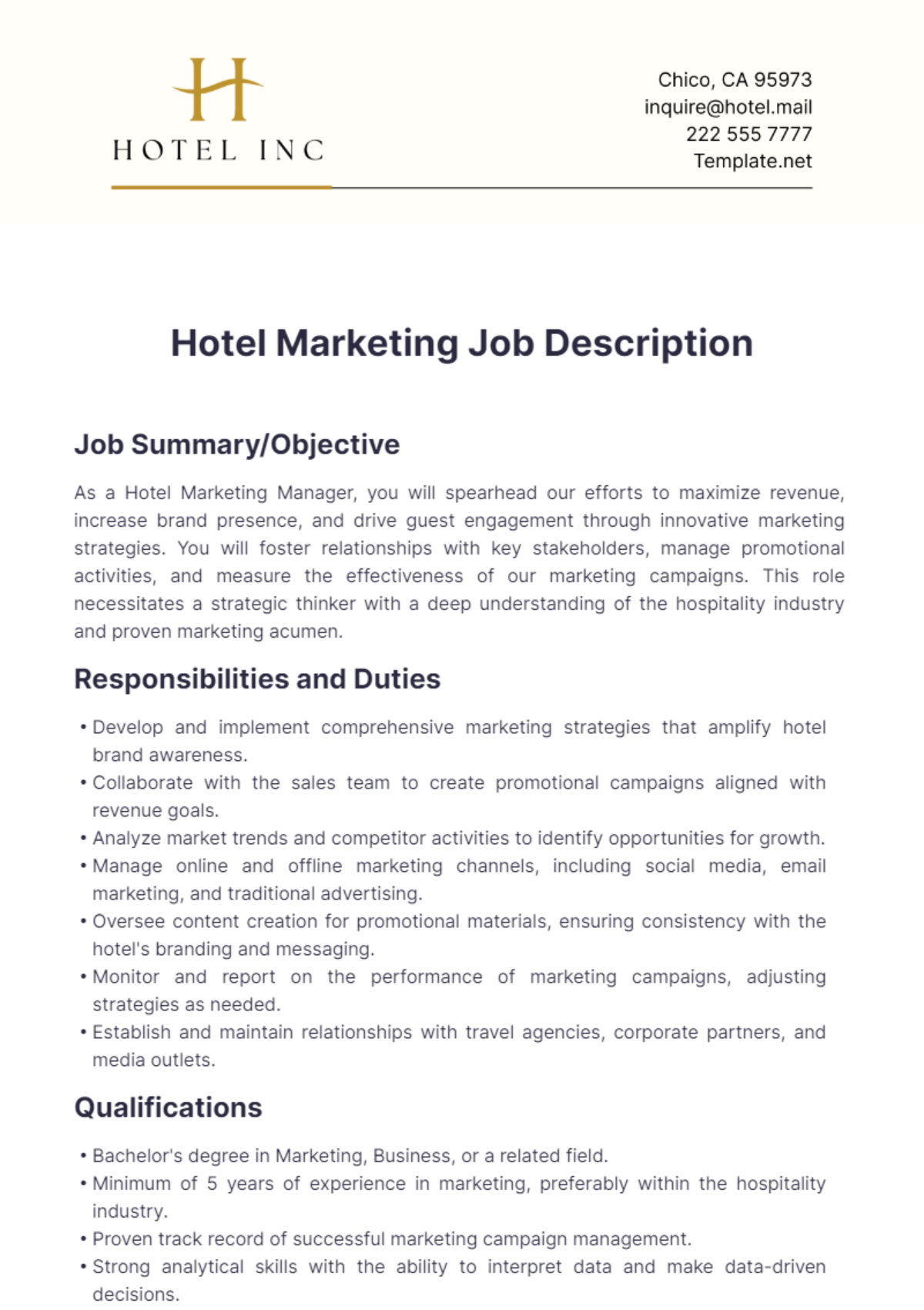 Hotel Marketing Job Description Template - Edit Online & Download