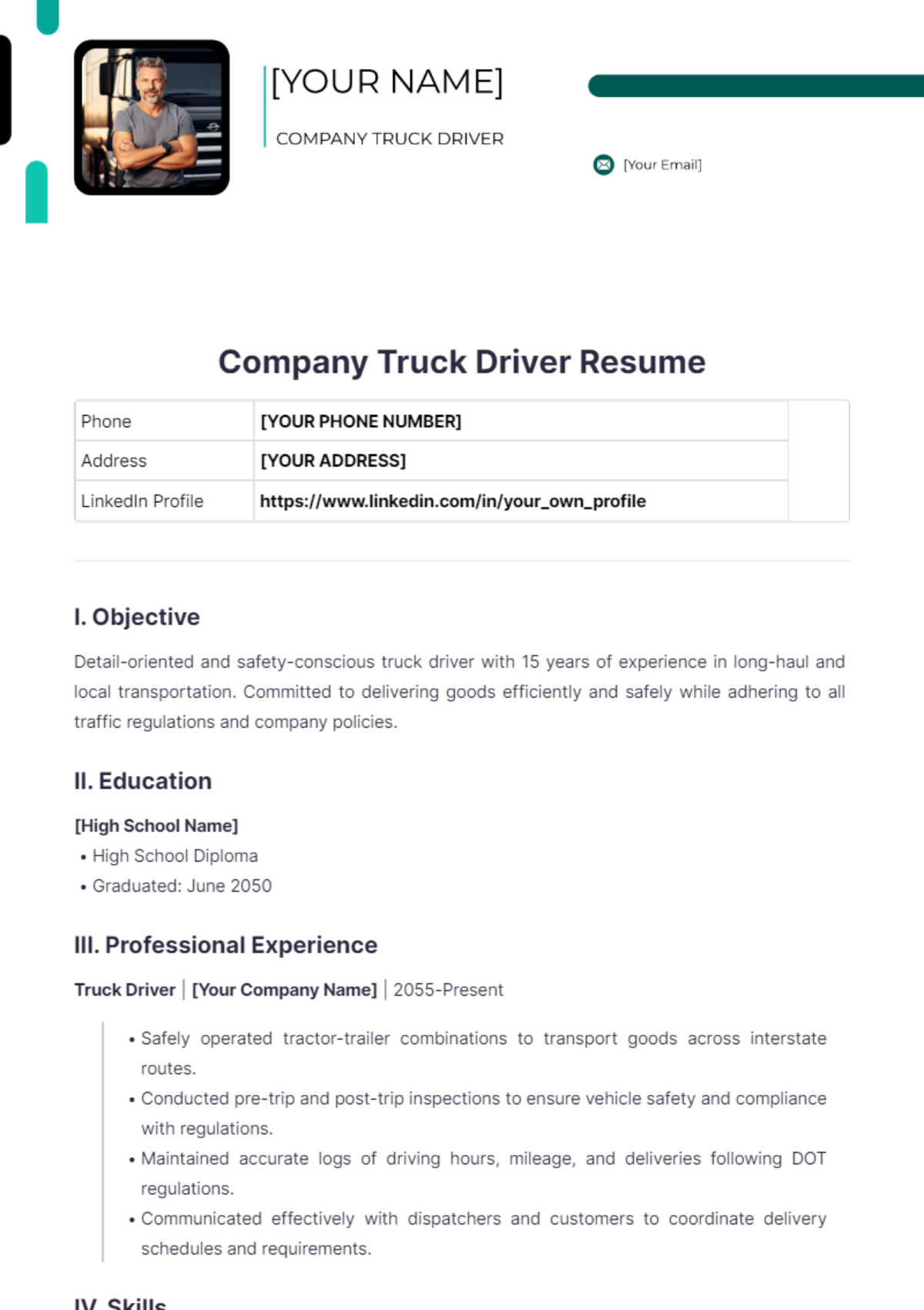 Company Truck Driver Resume - Edit Online & Download