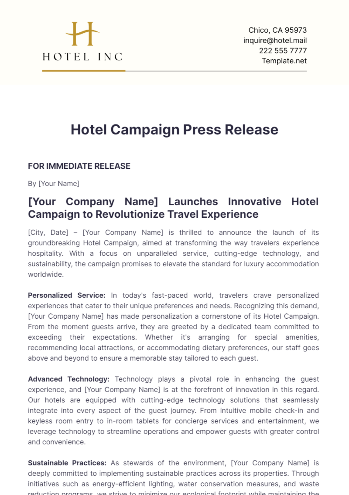 Hotel Campaign Press Release Template - Edit Online & Download