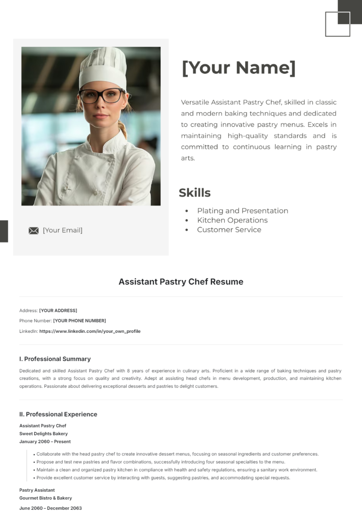 Assistant Pastry Chef Resume Template - Edit Online & Download