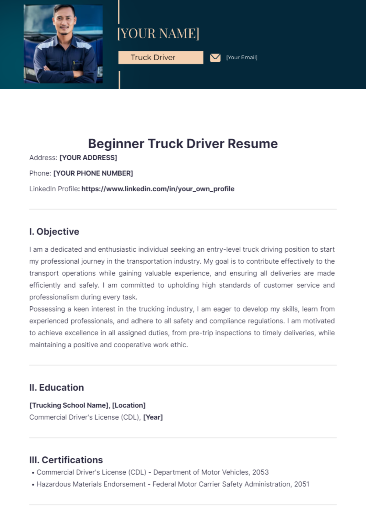 Beginner Truck Driver Resume - Edit Online & Download