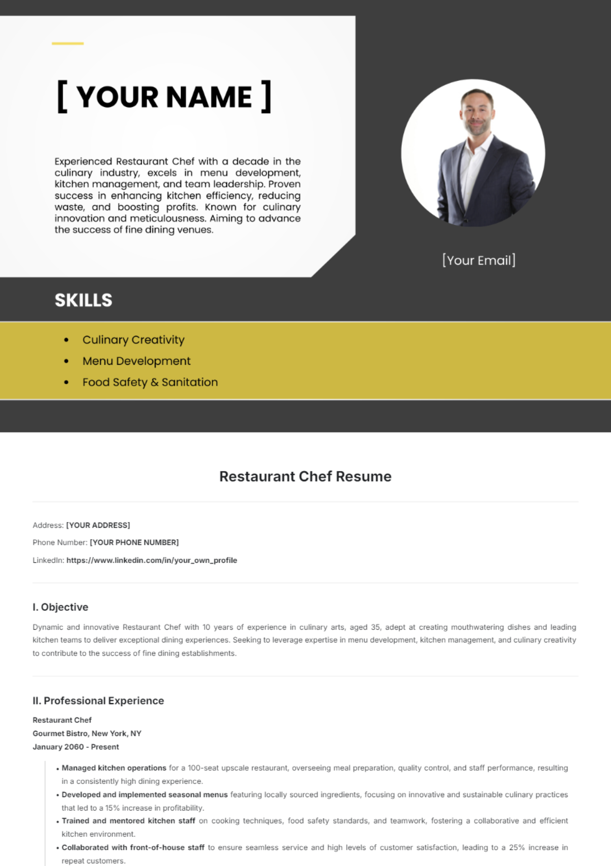 Restaurant Chef Resume Template - Edit Online & Download