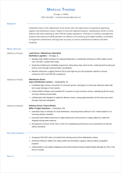 Free Warehouse Truck Driver ATS Resume Template, AI Resume Builder