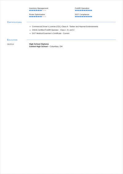 Free Warehouse Truck Driver ATS Resume Template, AI Resume Builder
