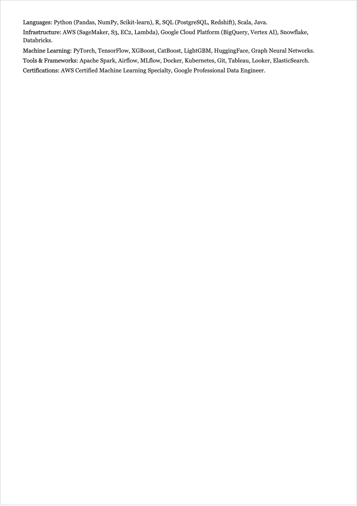 Free One page Data Scientist ATS Resume Template, AI Resume Builder