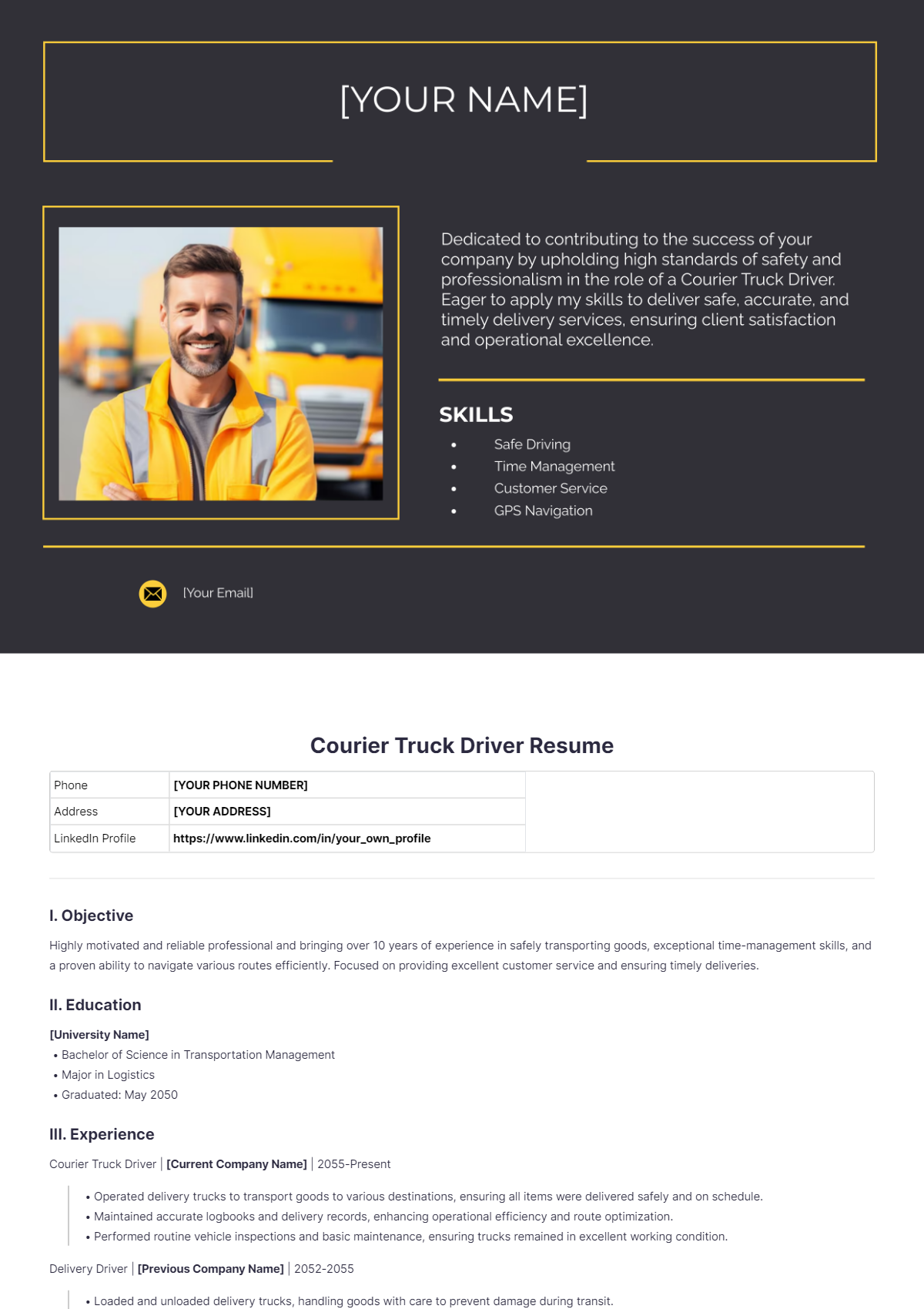 Courier Truck Driver Resume - Edit Online & Download