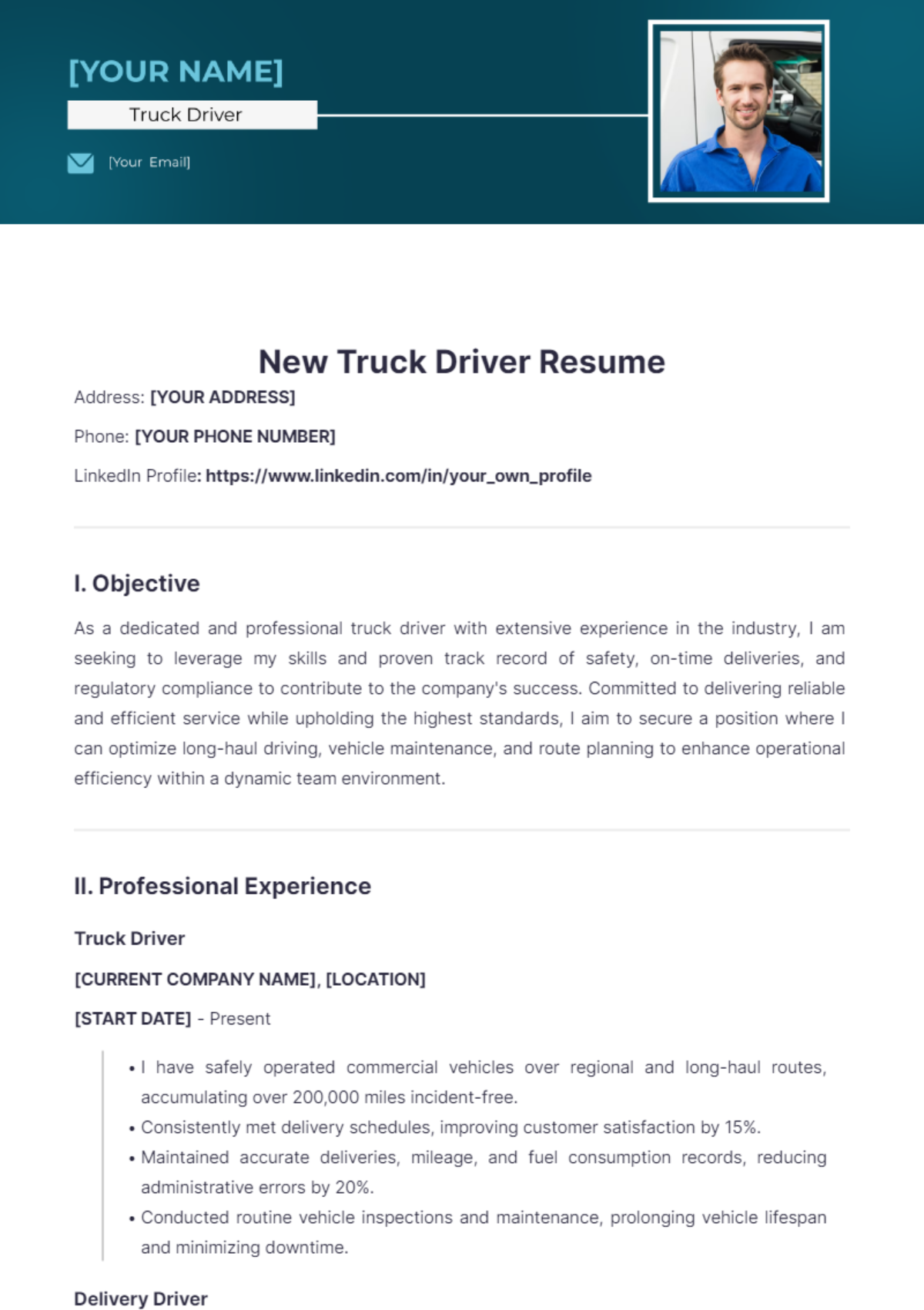 New Truck Driver Resume - Edit Online & Download