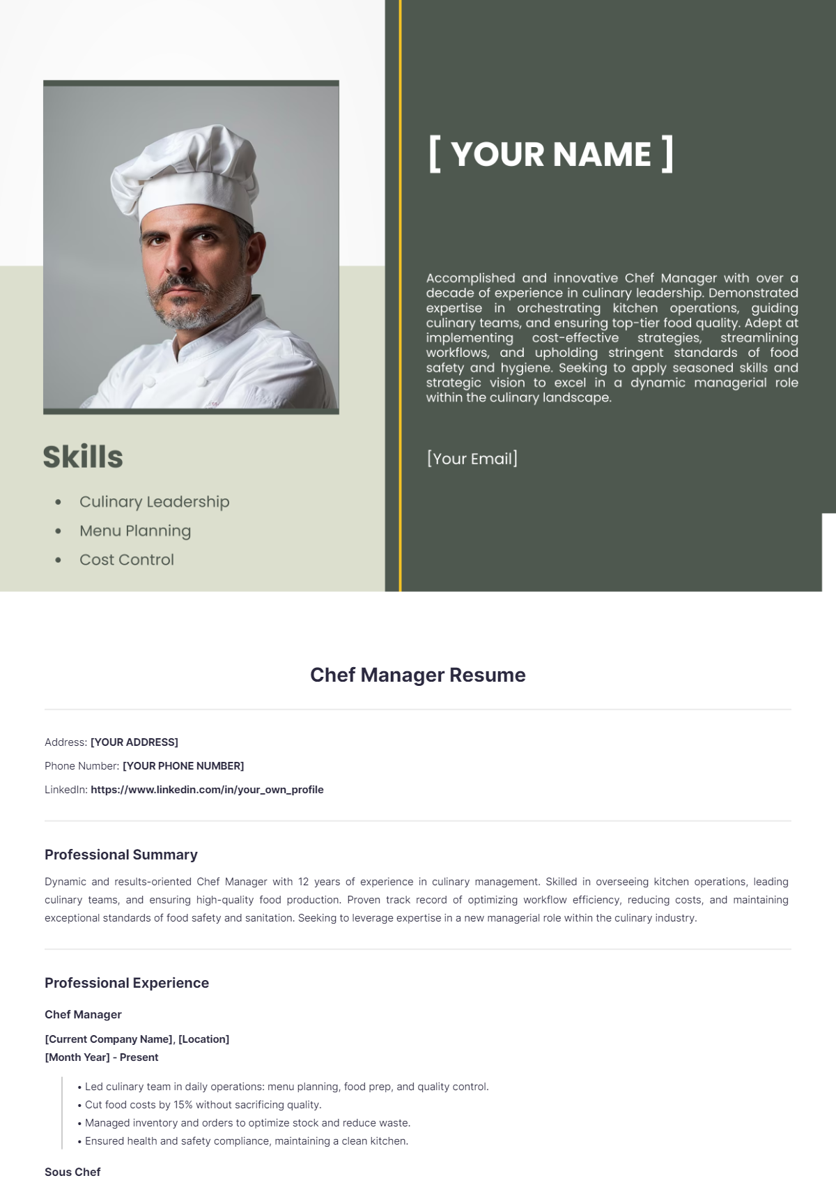 Chef Manager Resume - Edit Online & Download