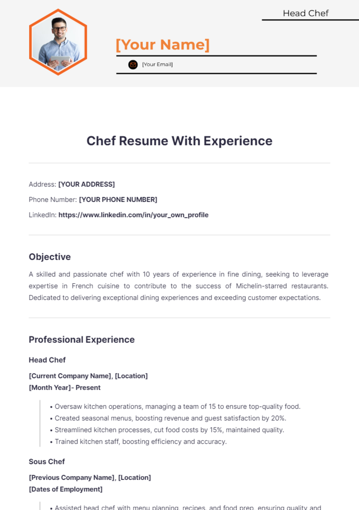 Chef Resume With Experience - Edit Online & Download