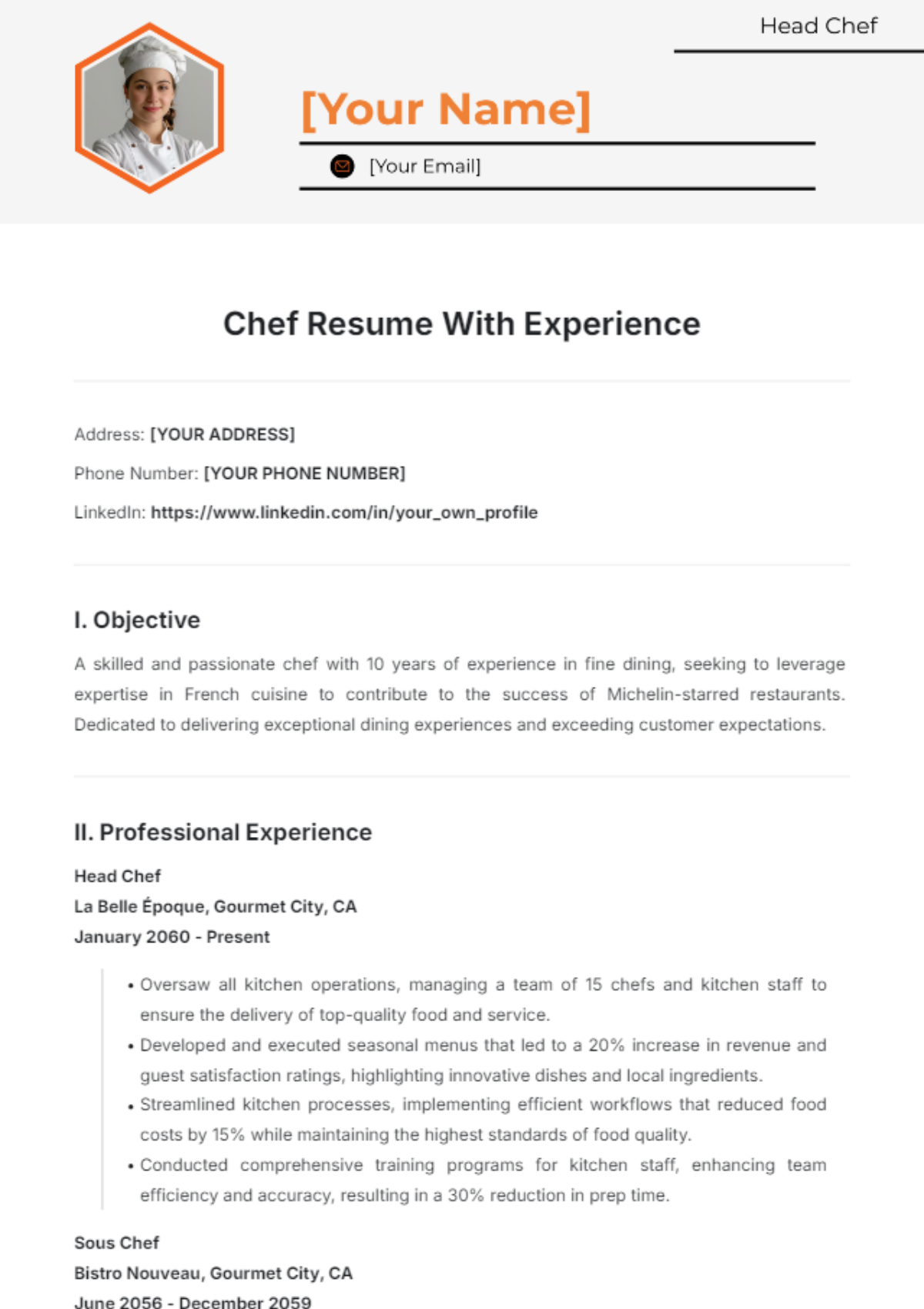 Chef Resume With Experience - Edit Online & Download