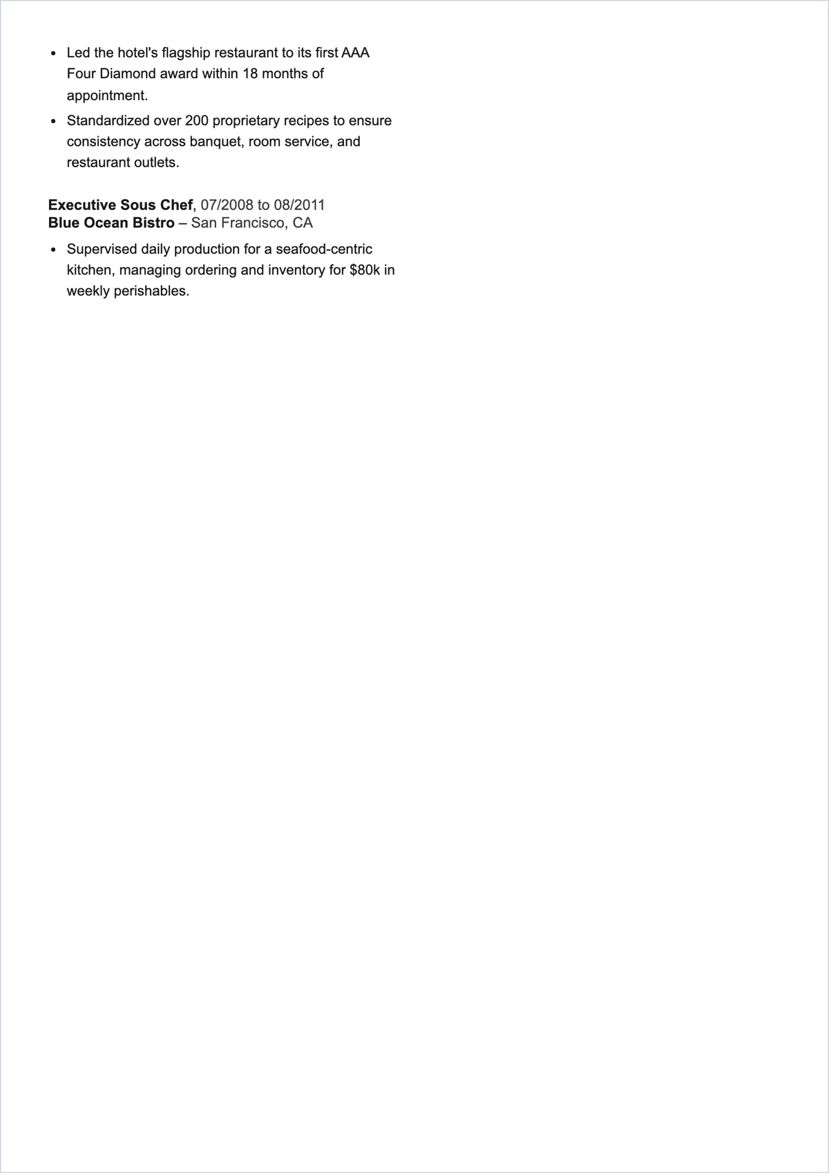 Free Chef Resume With Experience to Edit Online