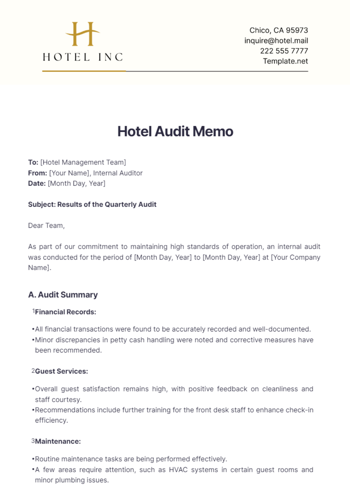 Hotel Audit Memo Template - Edit Online & Download