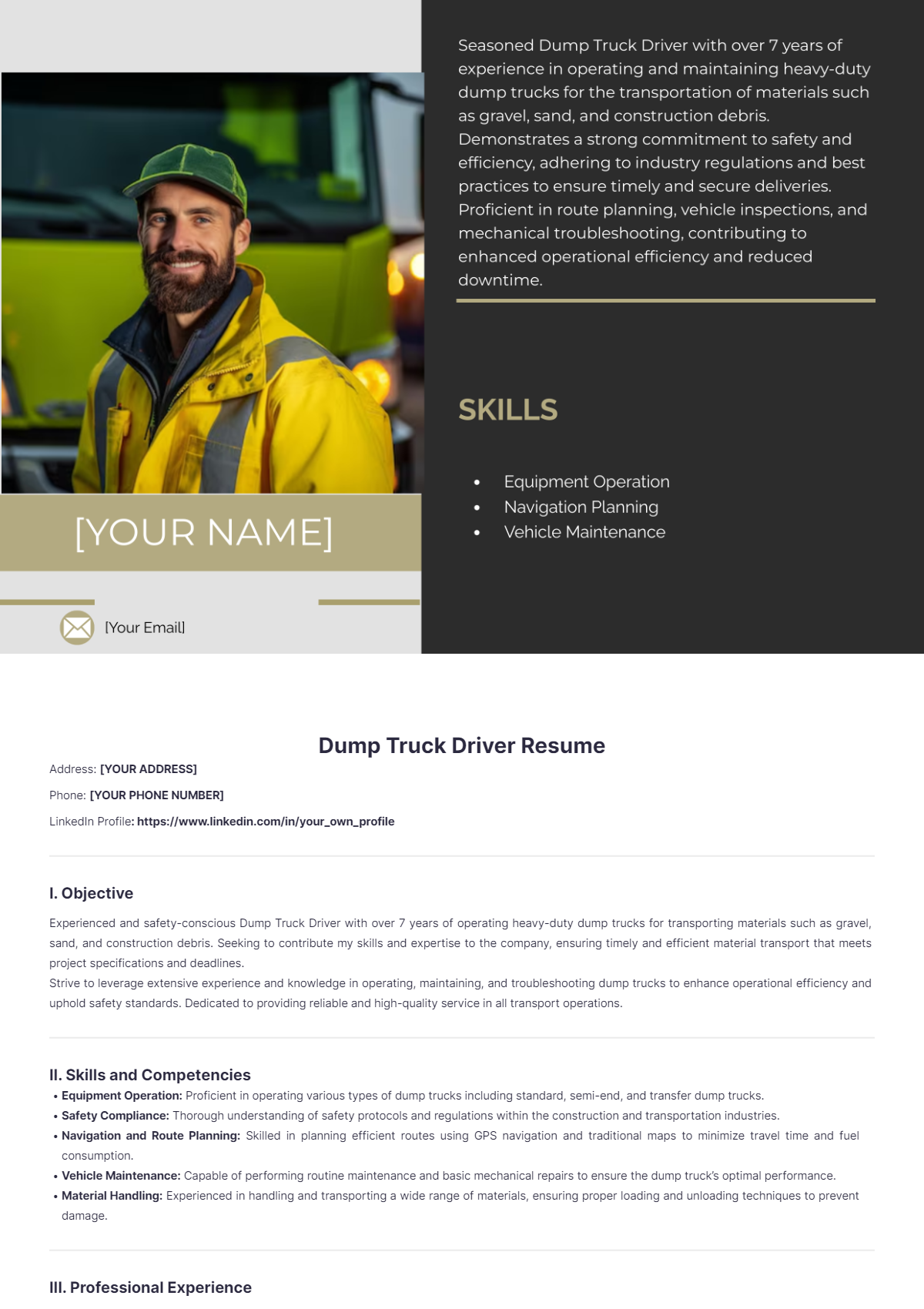 Dump Truck Driver Resume - Edit Online & Download