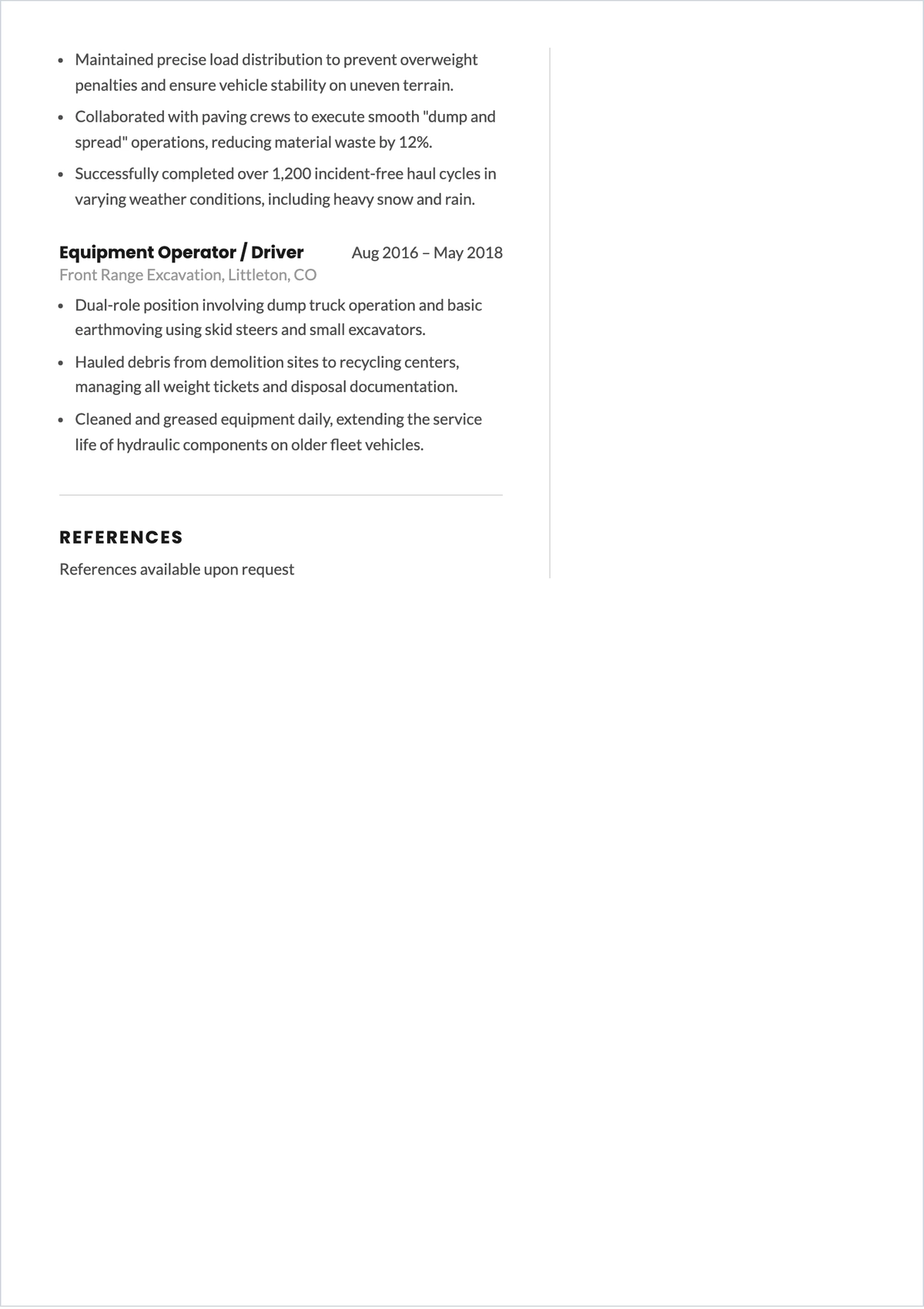 Free Dump Truck Driver ATS Resume Template, AI Resume Builder