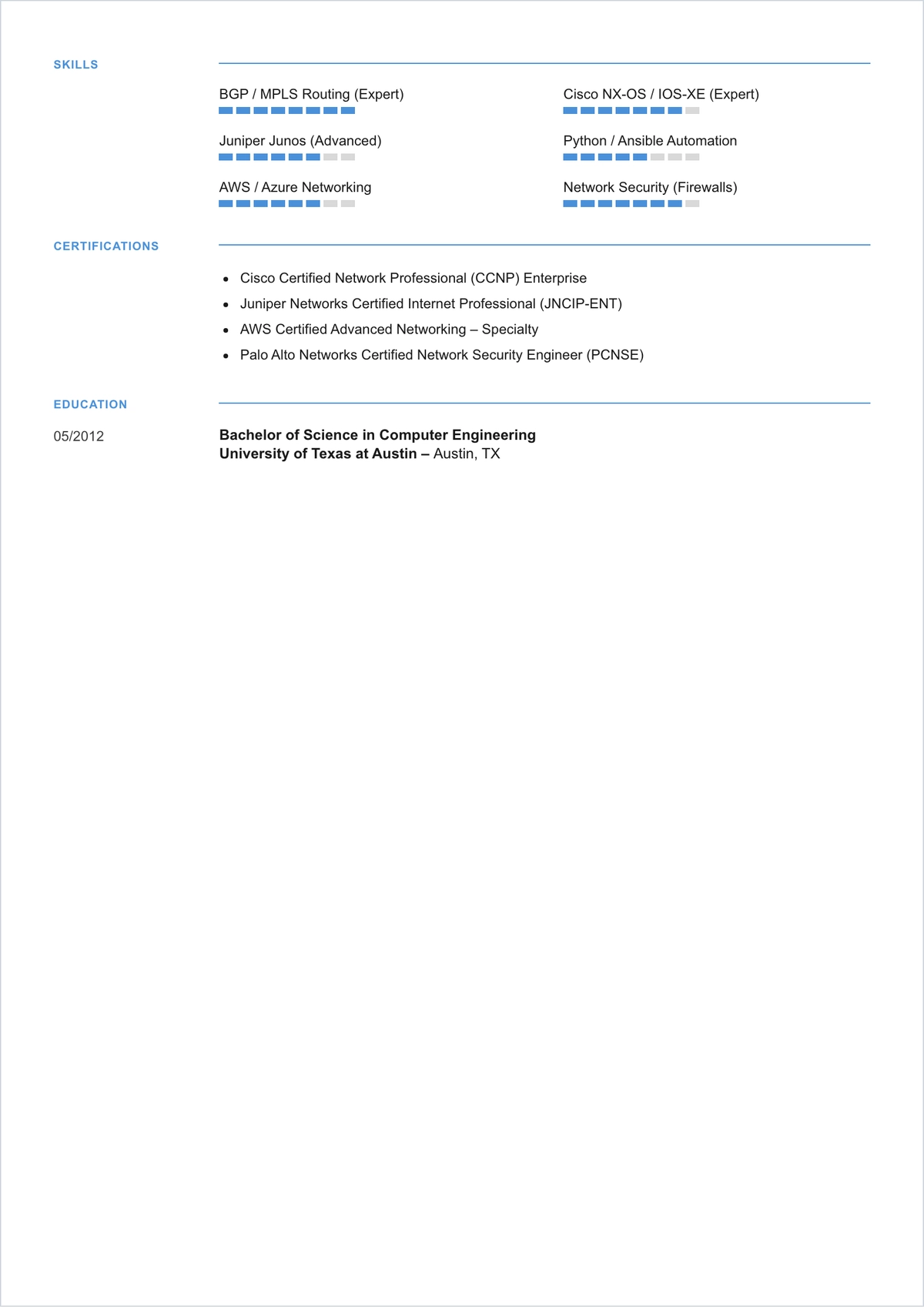 Free One page Networking Engineer ATS Resume Template