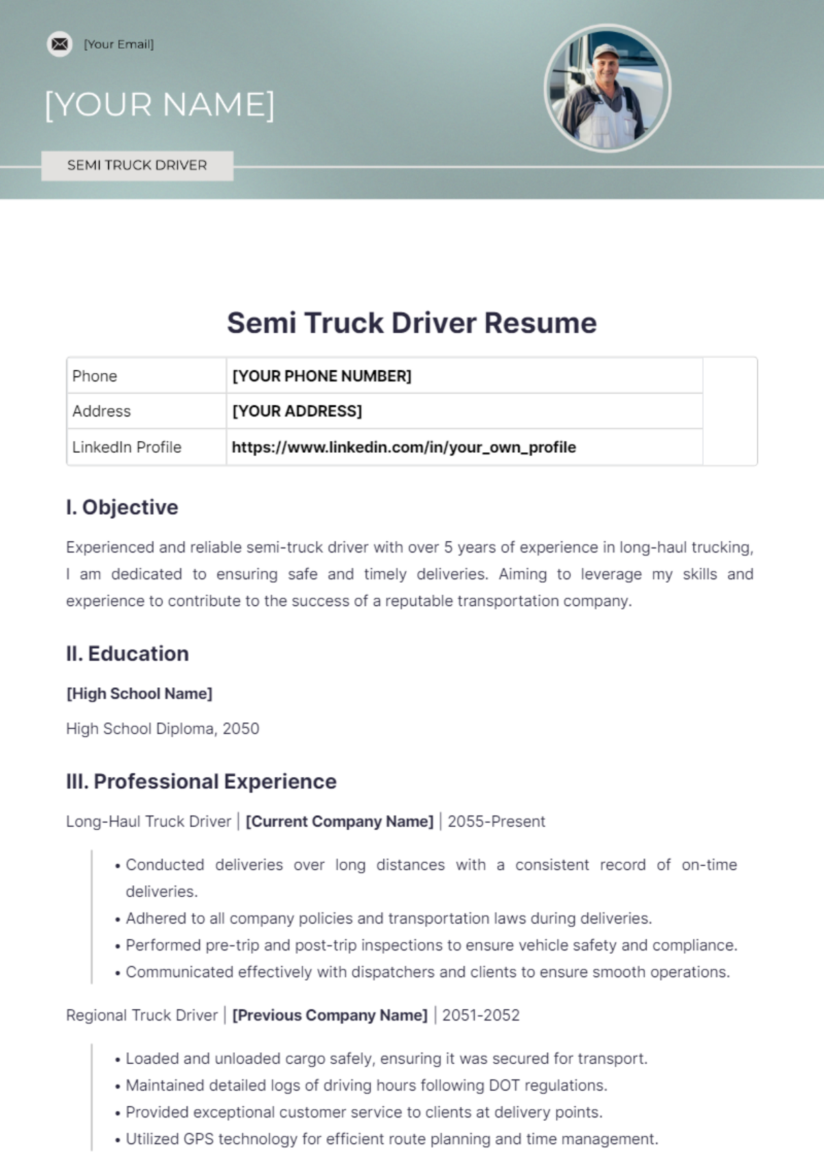 Semi Truck Driver Resume - Edit Online & Download