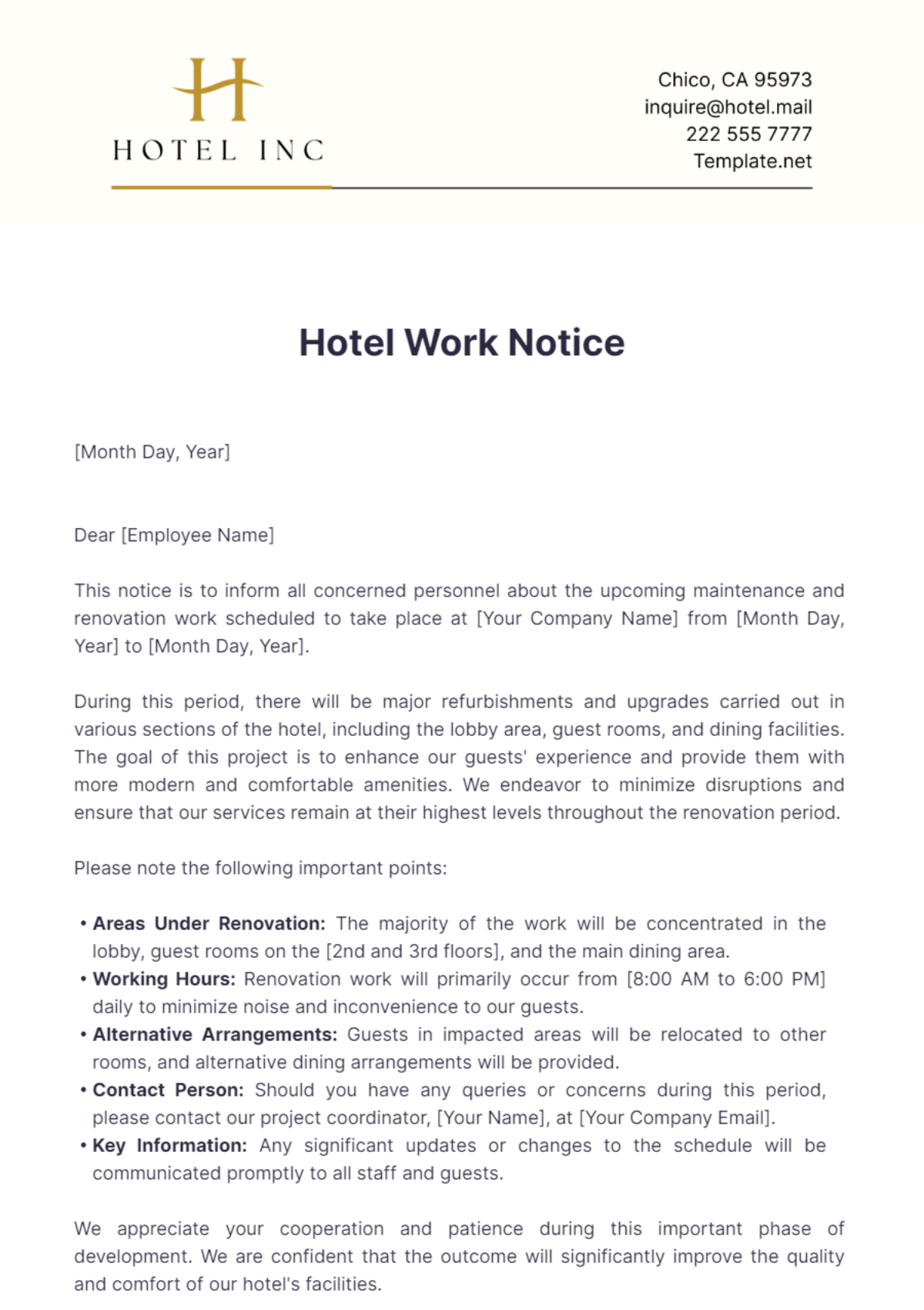 Free Hotel Work Notice Template