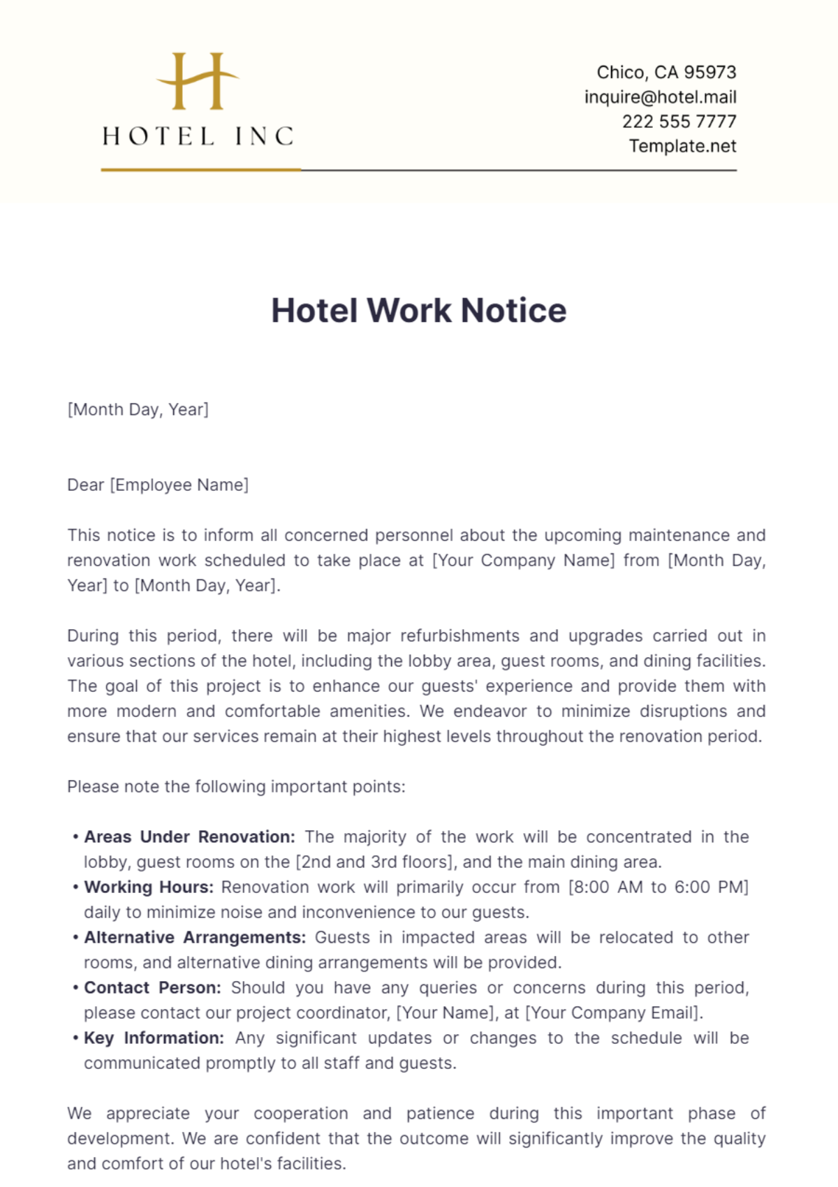 Hotel Work Notice Template - Edit Online & Download