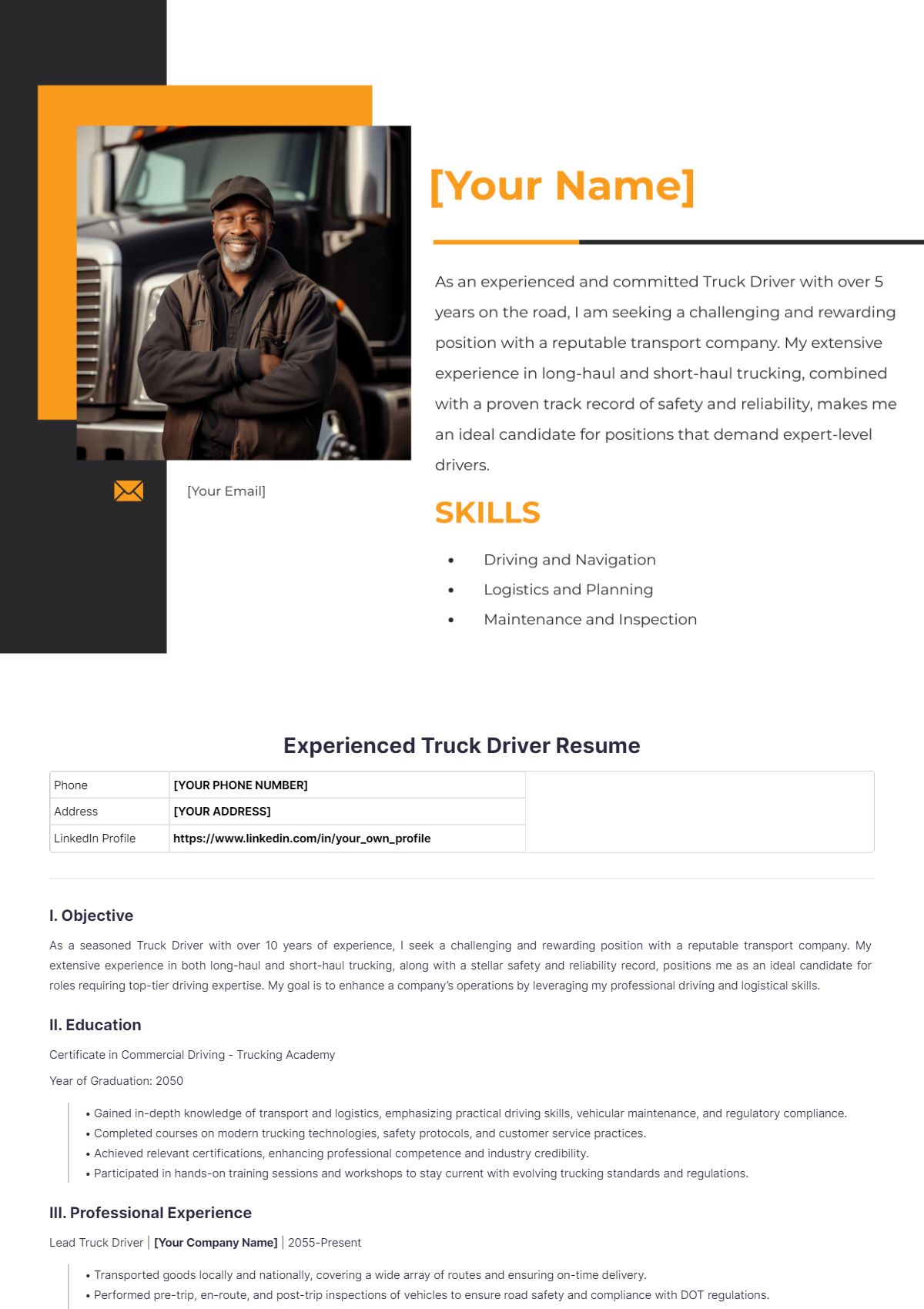 Experienced Truck Driver Resume - Edit Online & Download