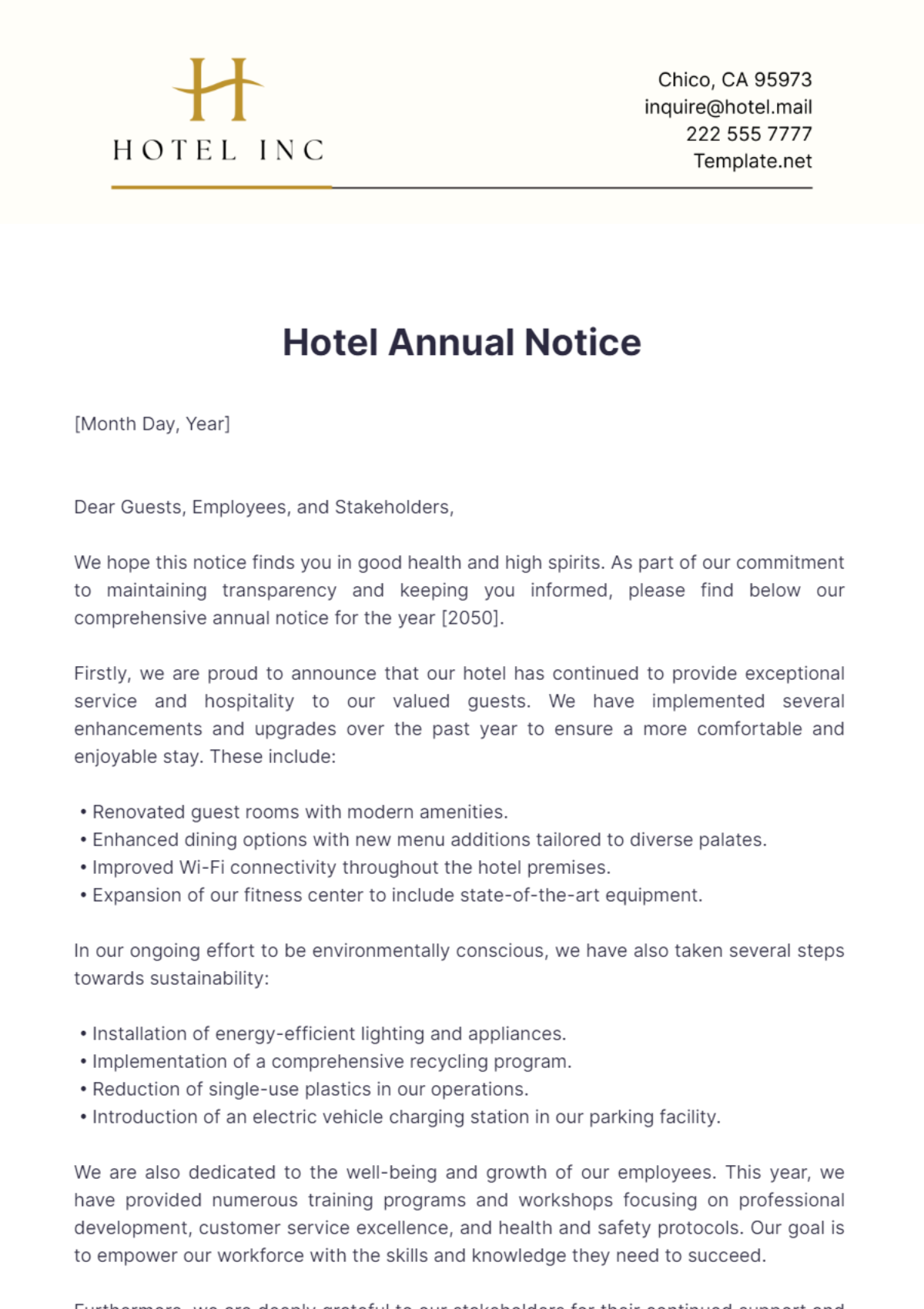 Hotel Annual Notice Template - Edit Online & Download