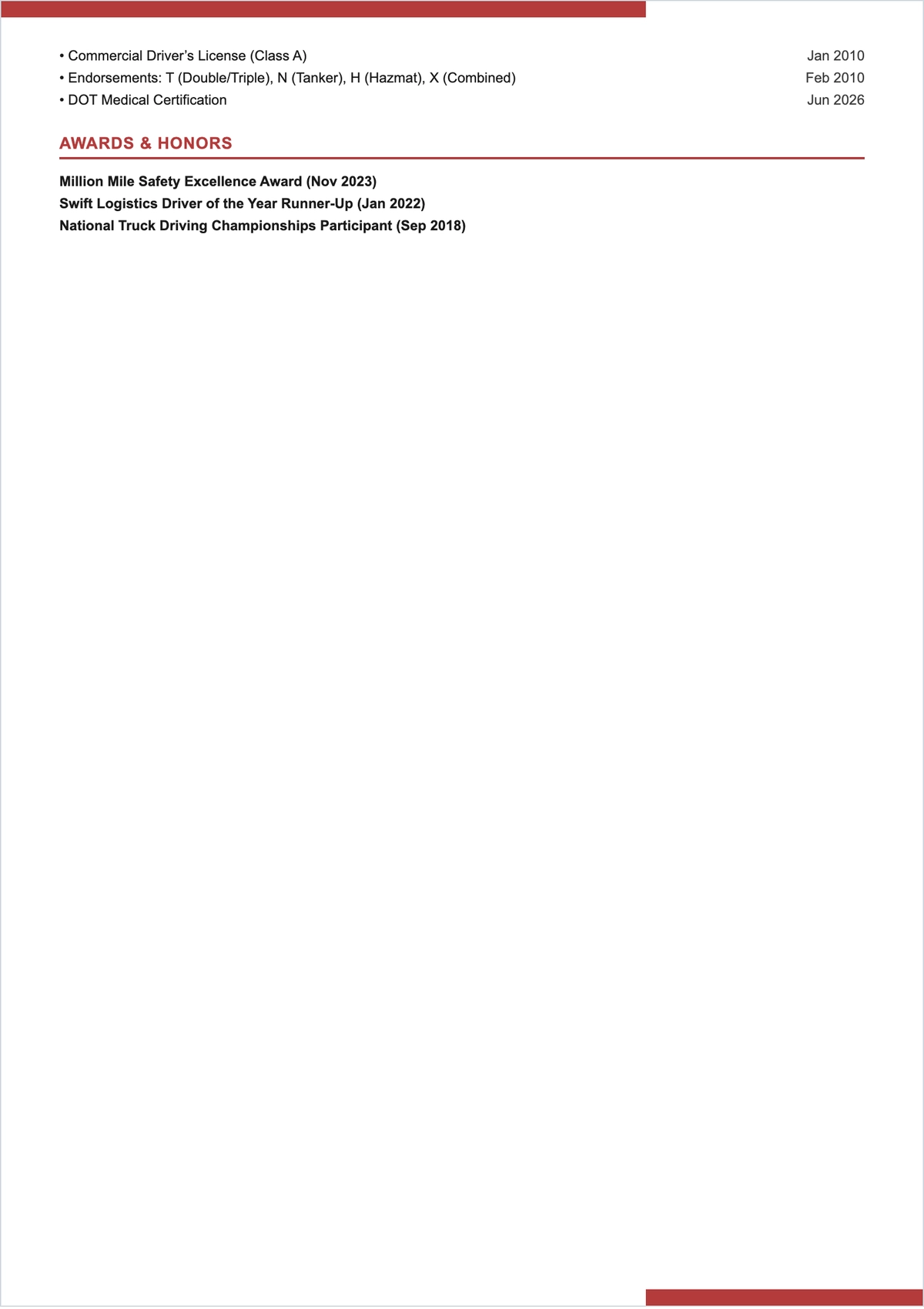 Free Truck Driver ATS Resume with Work Experience Template