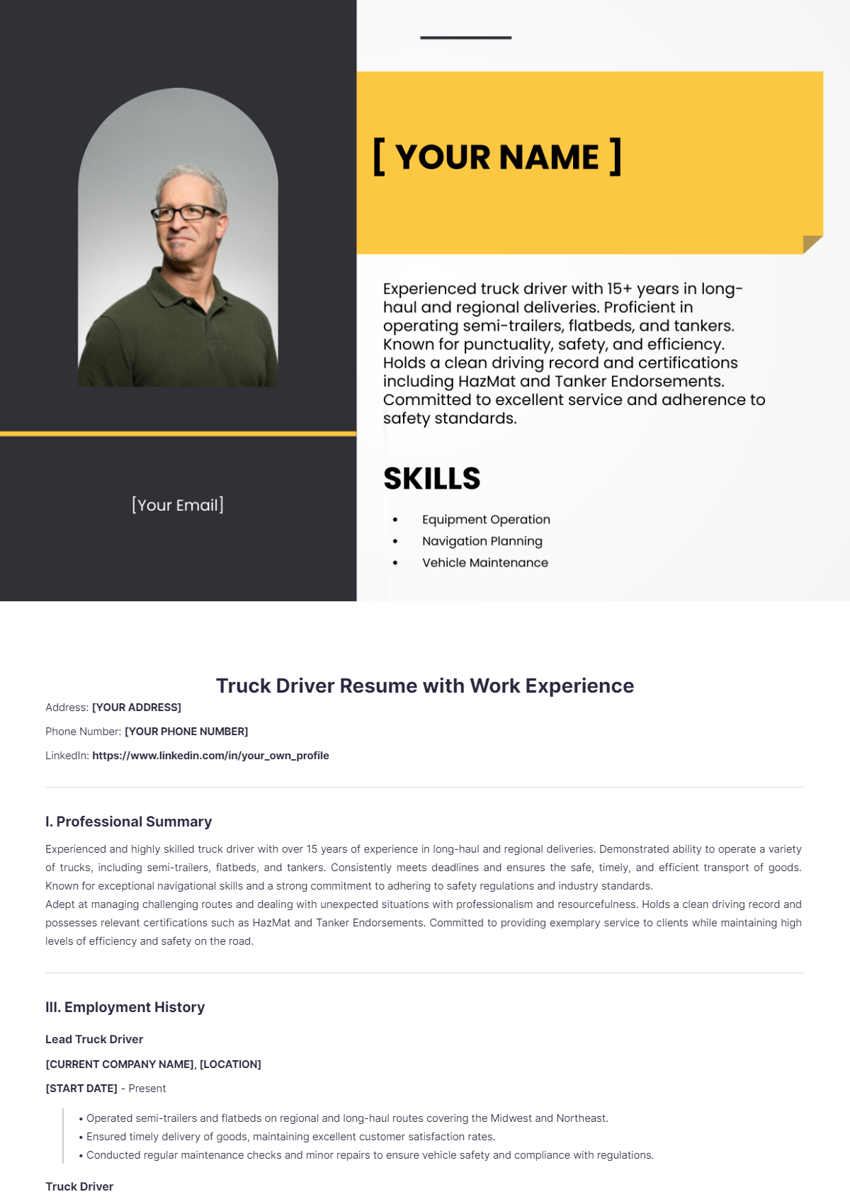 Truck Driver Resume with Work Experience - Edit Online & Download