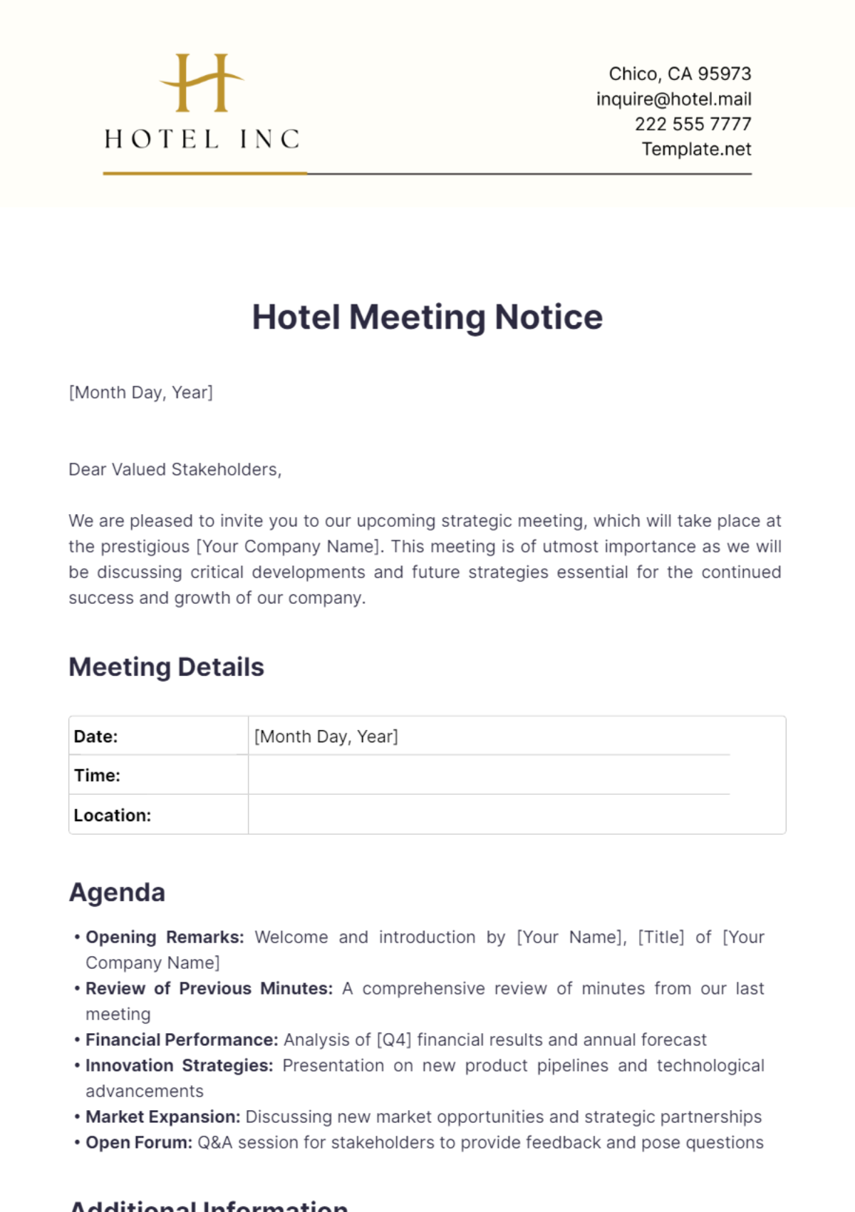 Hotel Meeting Notice Template - Edit Online & Download